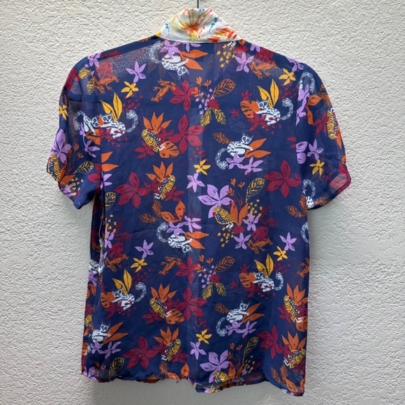 Modcloth Short Sleeve Top Sheer Floral Lemur Frogs & Parrot Print Womens S NEW - Picture 9 of 15